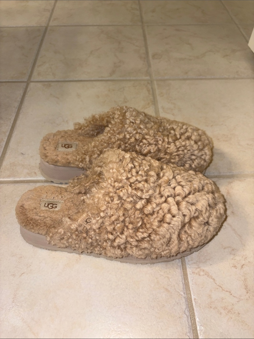 UGG Tan Curly Shearling Slide Mules